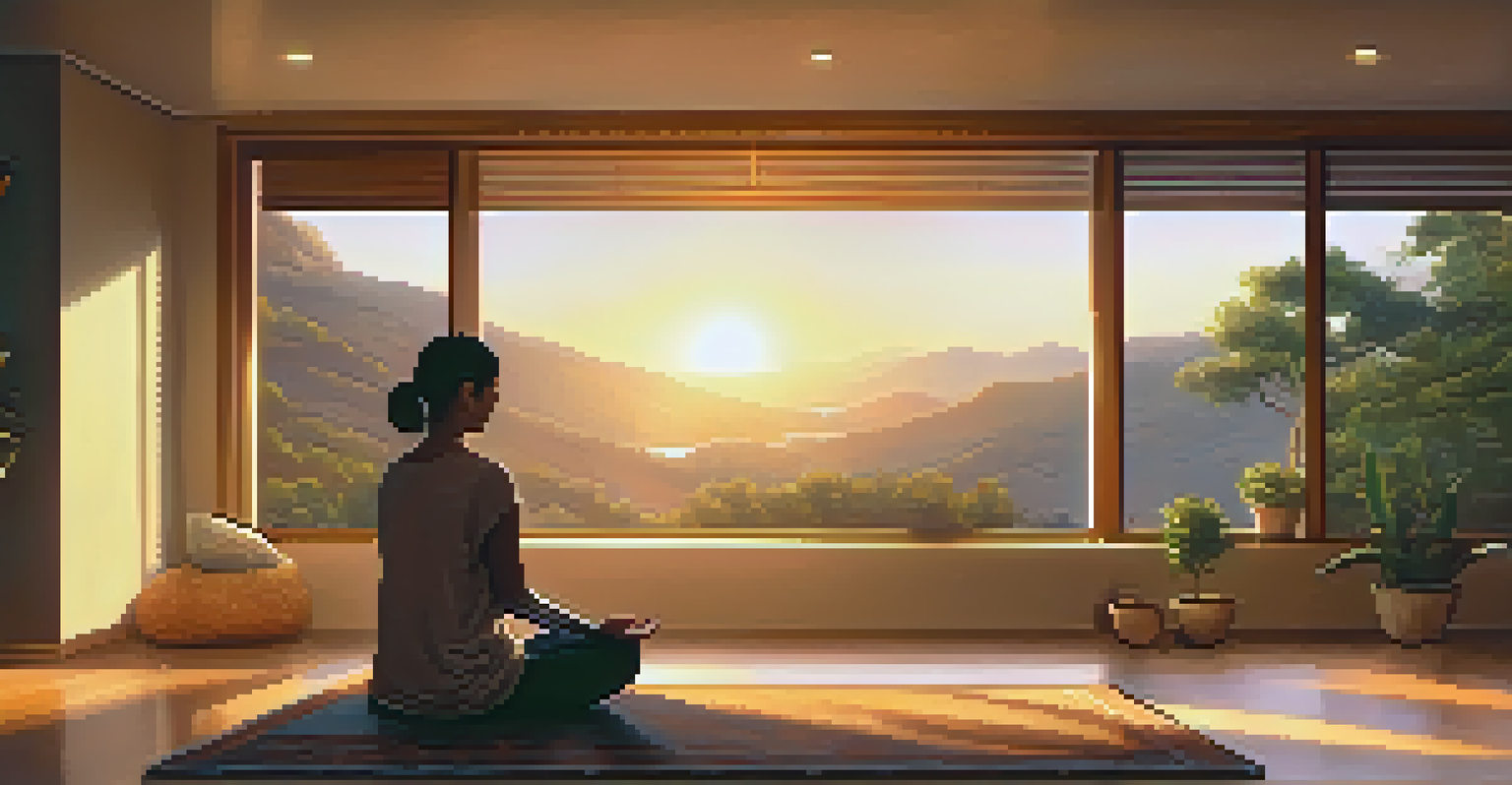 A cozy room with a person meditating on a cushion, candles lit, and a beautiful sunset visible through the window.