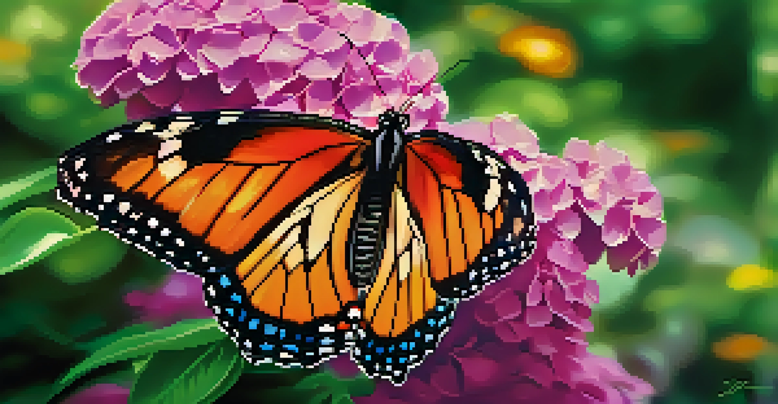 A colorful butterfly resting on a blooming flower in a garden, showcasing its intricate patterns against a backdrop of green foliage and sunlight.
