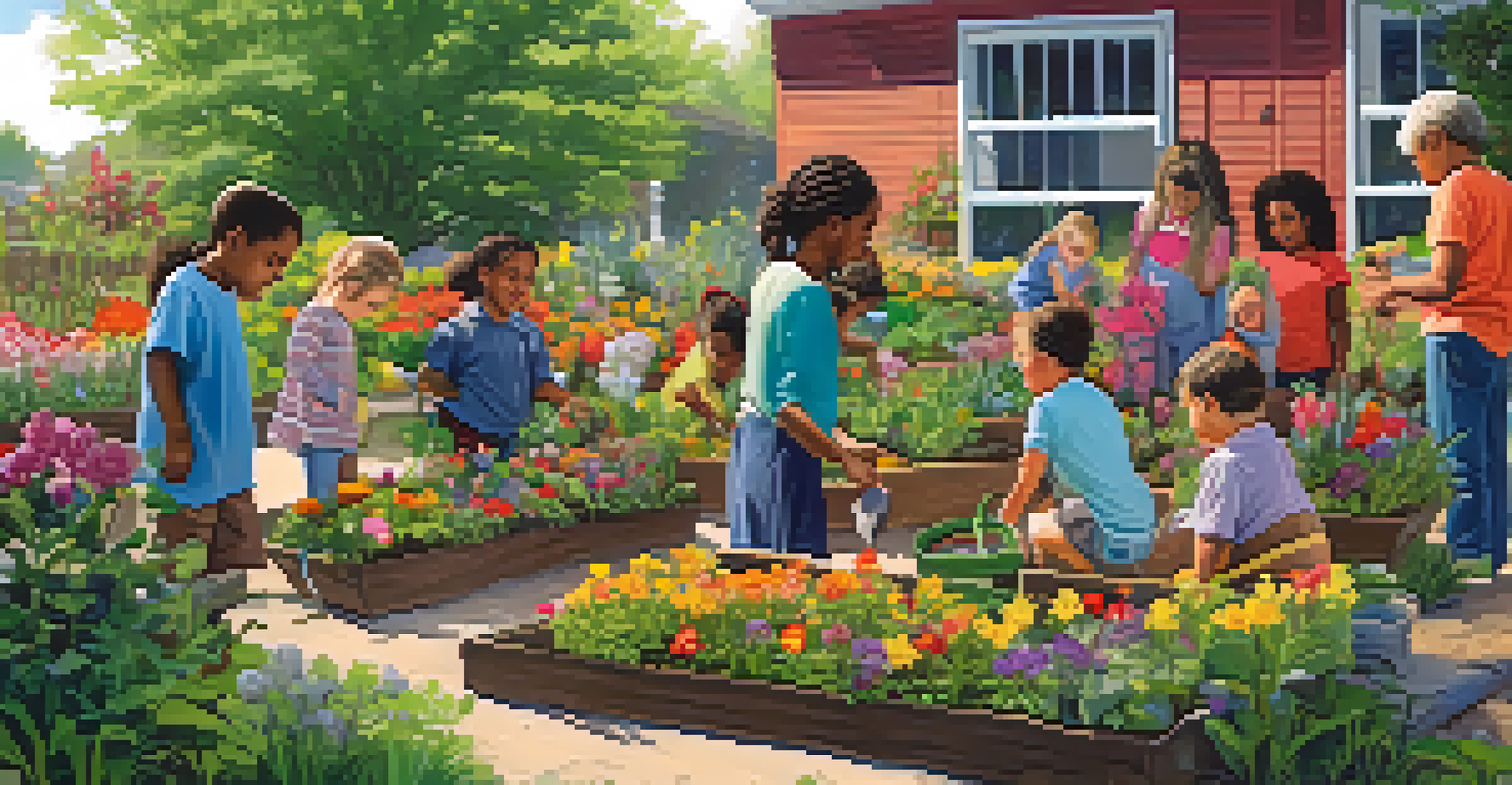 A community gardening scene with people of different ages planting flowers together, showcasing cooperation and kindness.