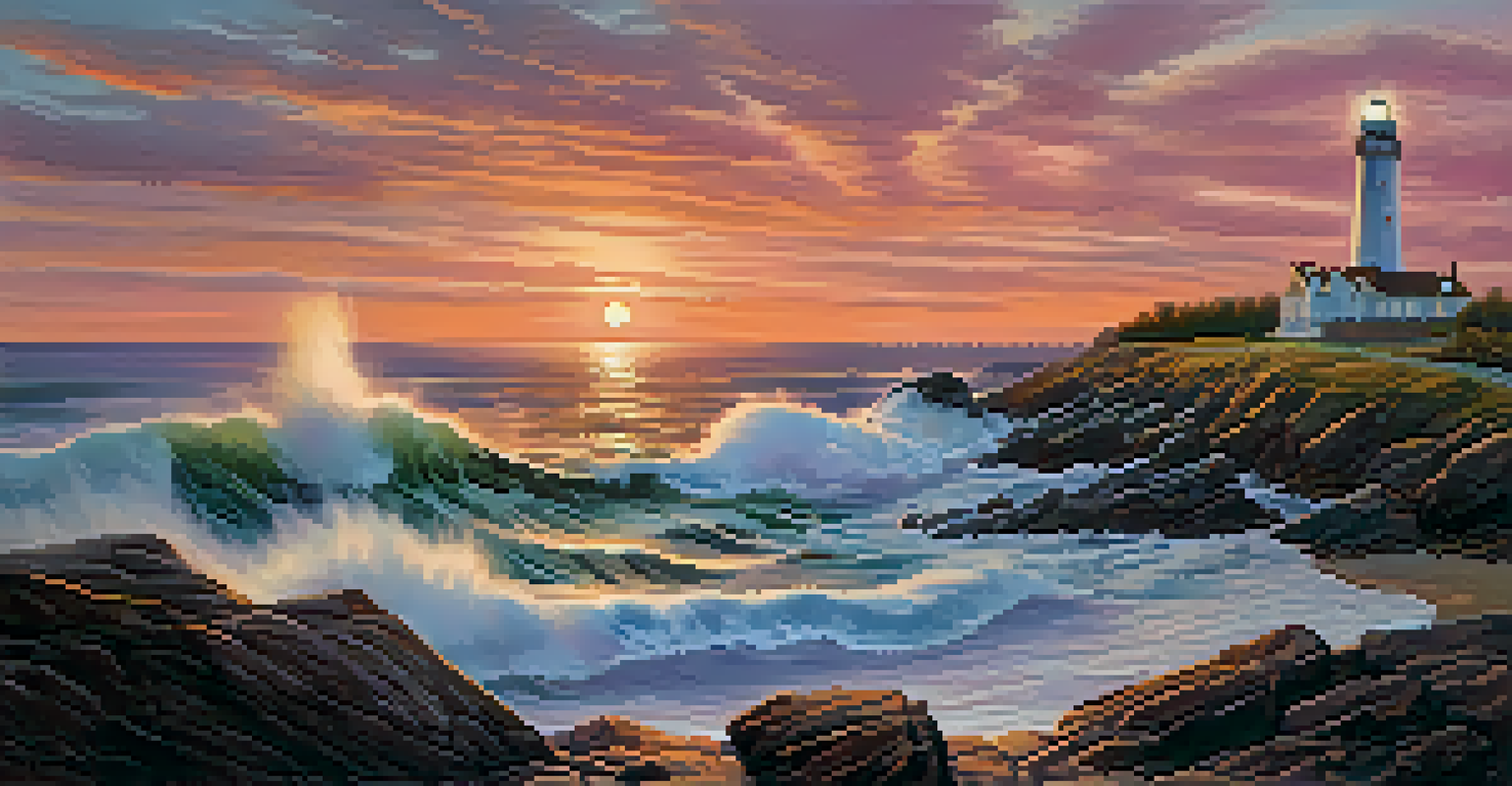 A lighthouse on a rocky shore at sunset, with waves crashing and a winding path leading to it.