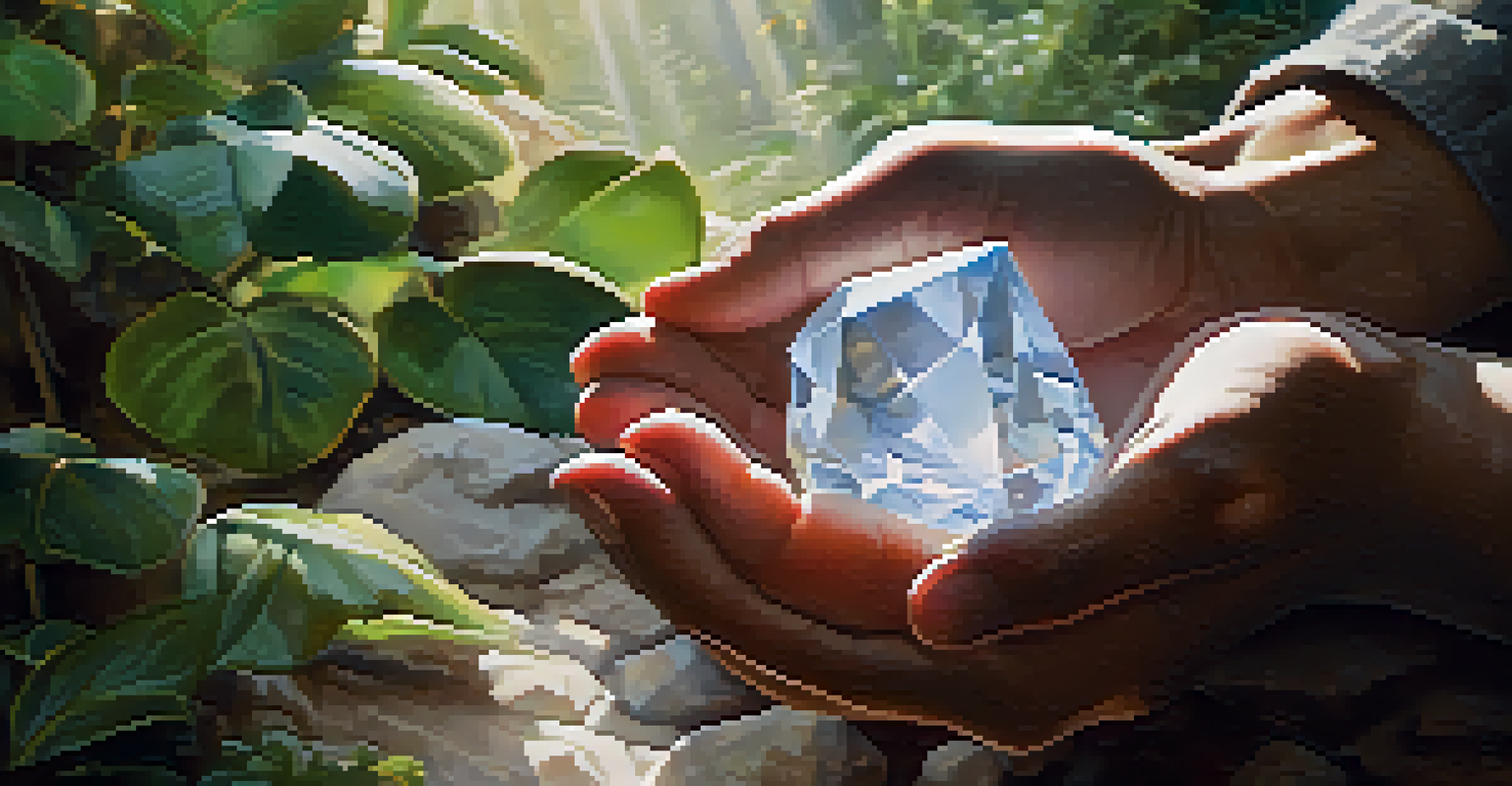 A close-up of hands holding a glowing crystal in a meditative pose, with a soft, tranquil background.
