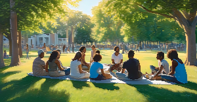 A diverse group of people sitting in a circle on grass in a sunlit park, sharing stories and showing support for one another.