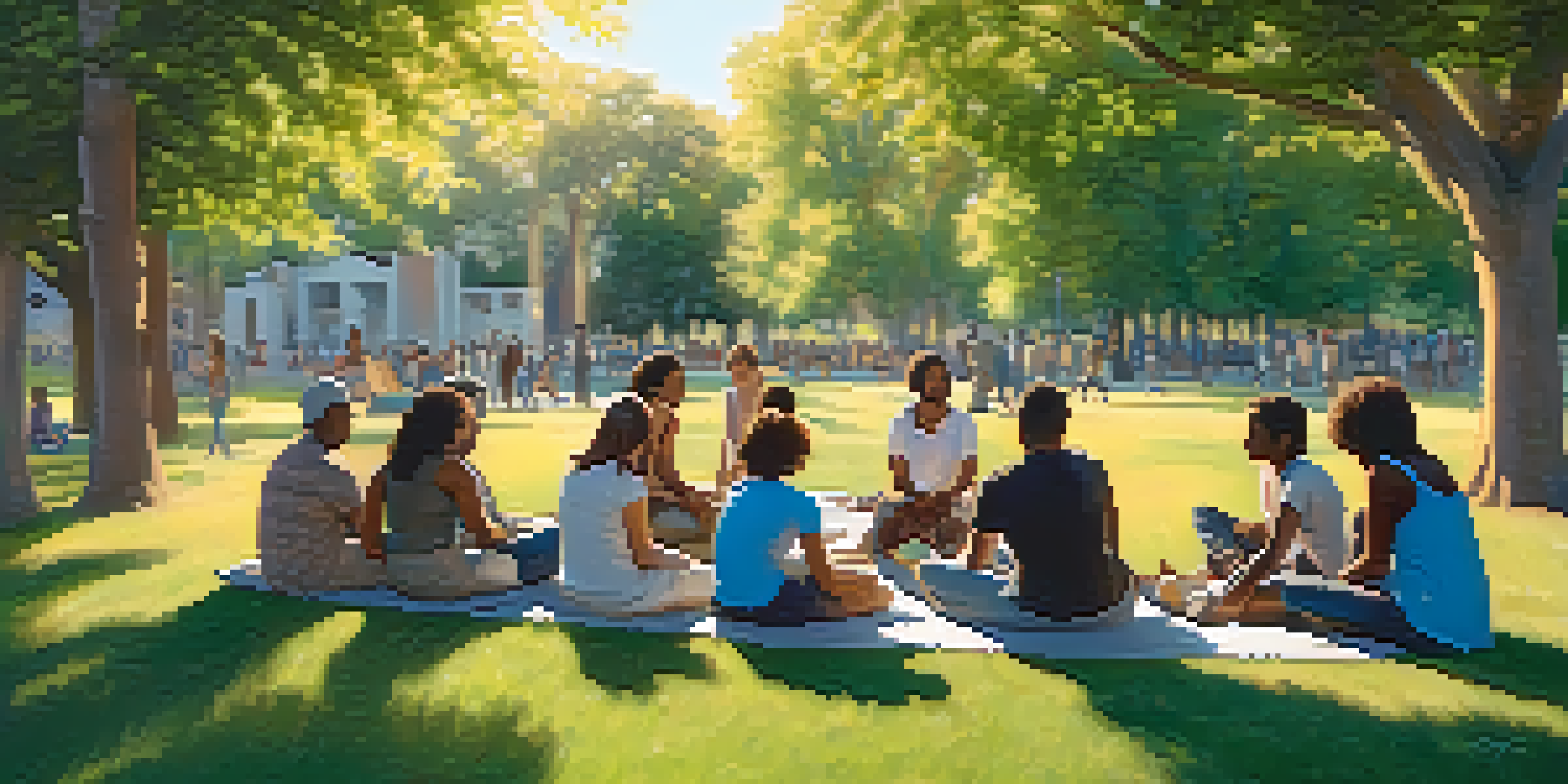A diverse group of people sitting in a circle on grass in a sunlit park, sharing stories and showing support for one another.