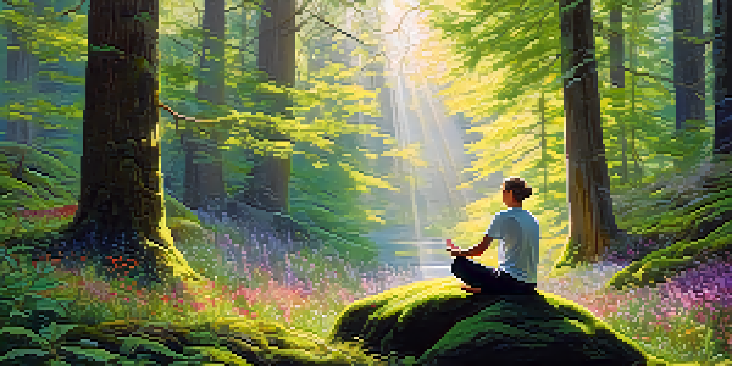 A person meditating on a moss-covered rock in a tranquil forest, with sunlight filtering through the leaves and wildflowers around.