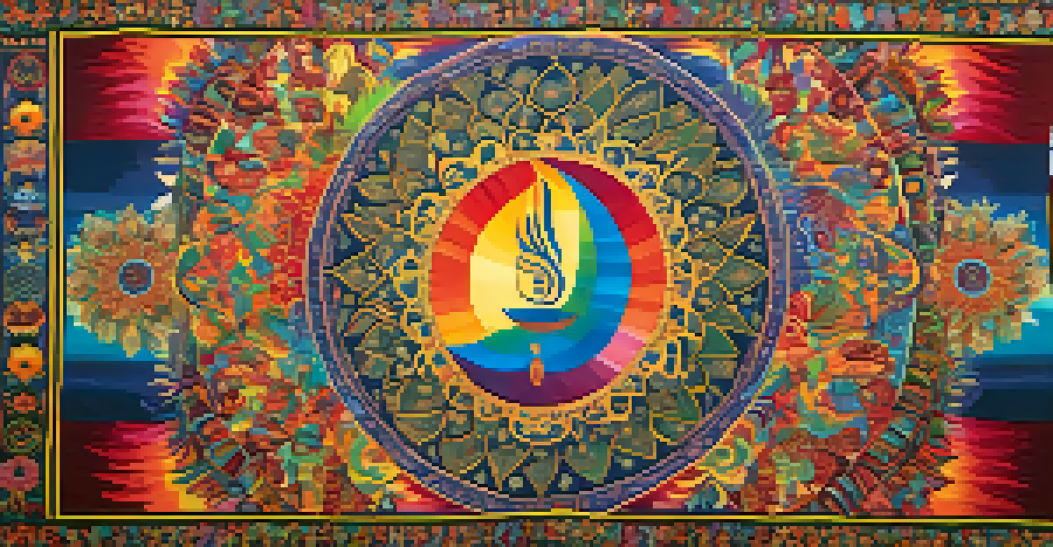 A colorful tapestry depicting various spiritual symbols and practices from different cultures.