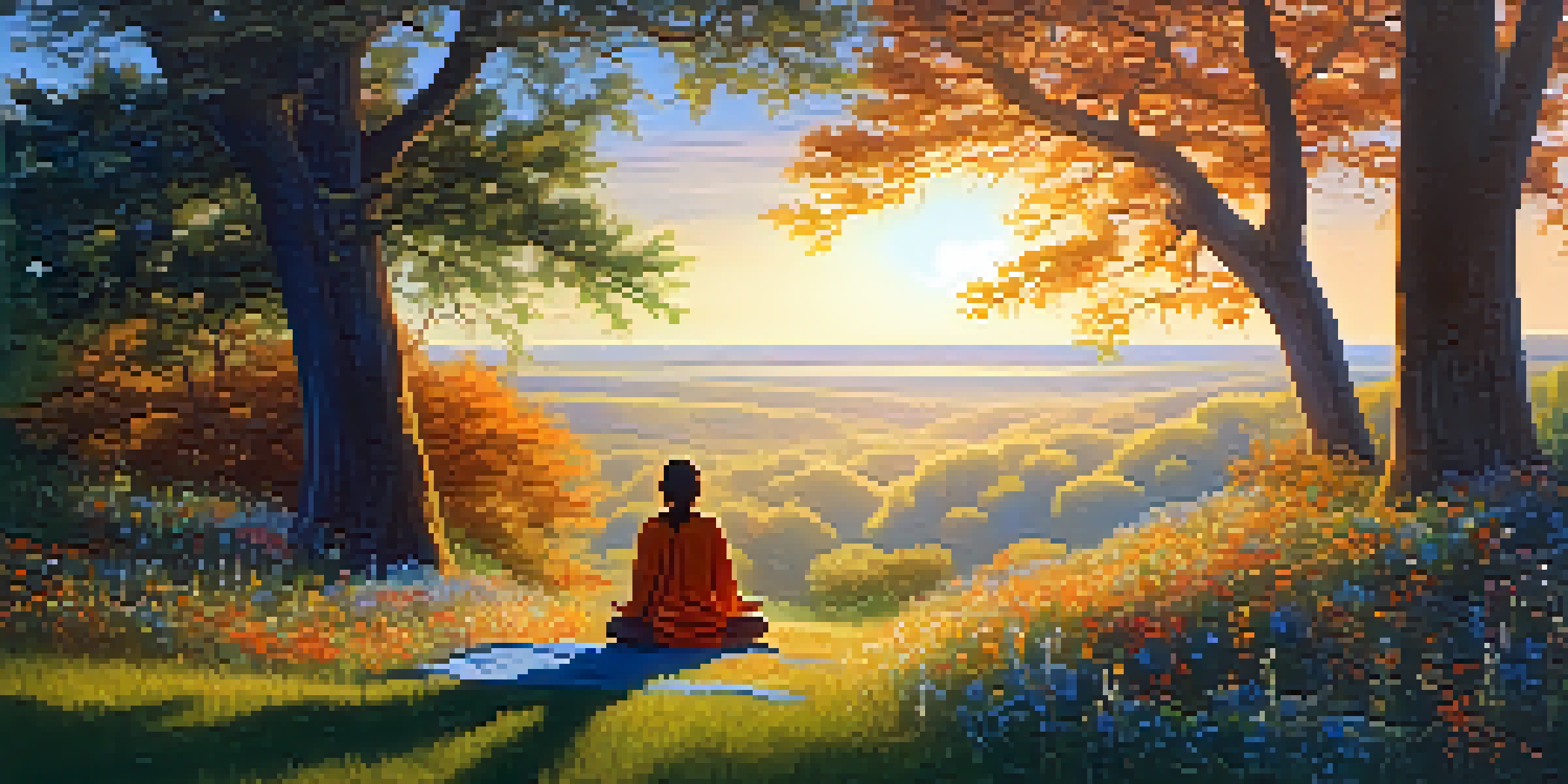 A peaceful meditation scene at sunrise with a person sitting cross-legged on a hilltop surrounded by flowers.
