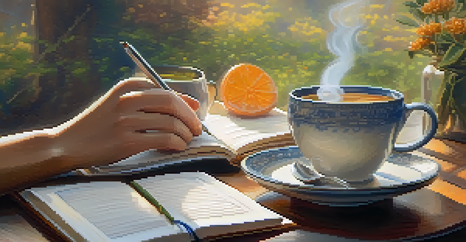 Close-up of hands holding a cup of herbal tea with a blurred background of a meditation journal.