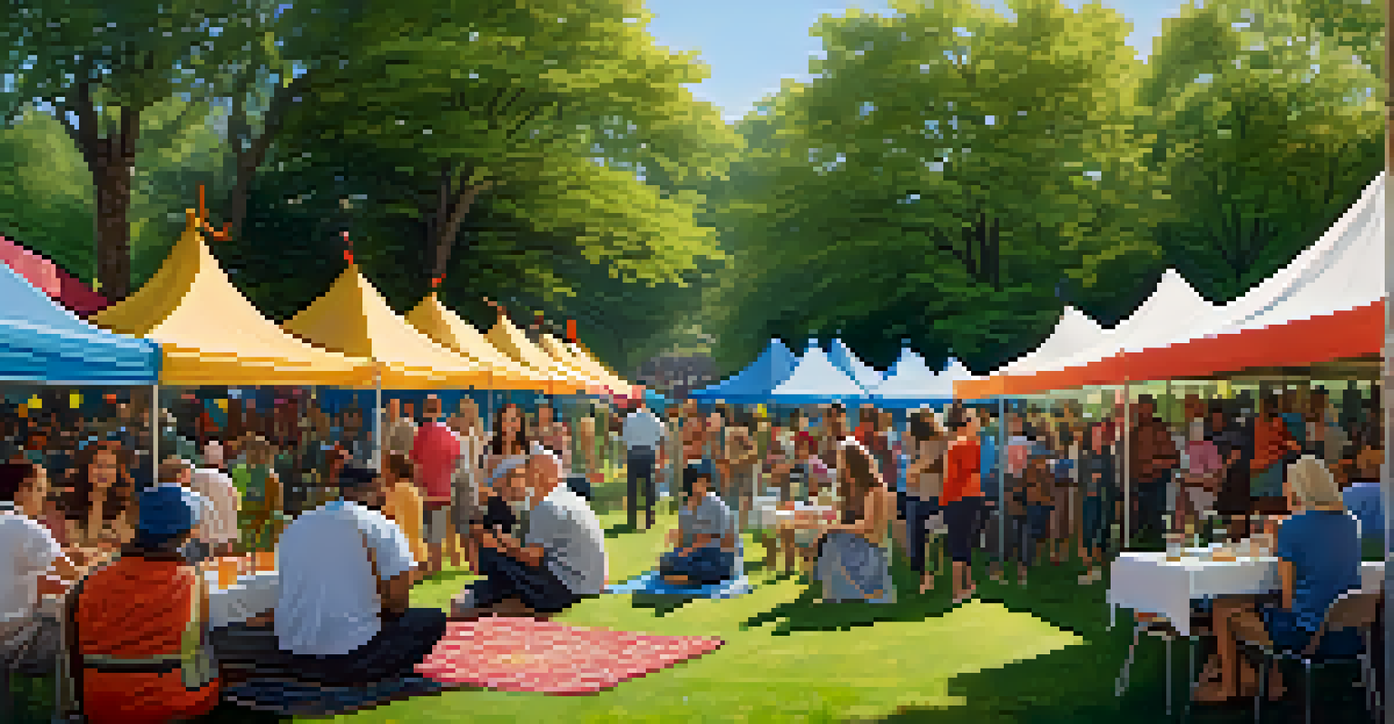 A lively outdoor community gathering with artists sharing their work, surrounded by colorful tents and blooming flowers in a park.