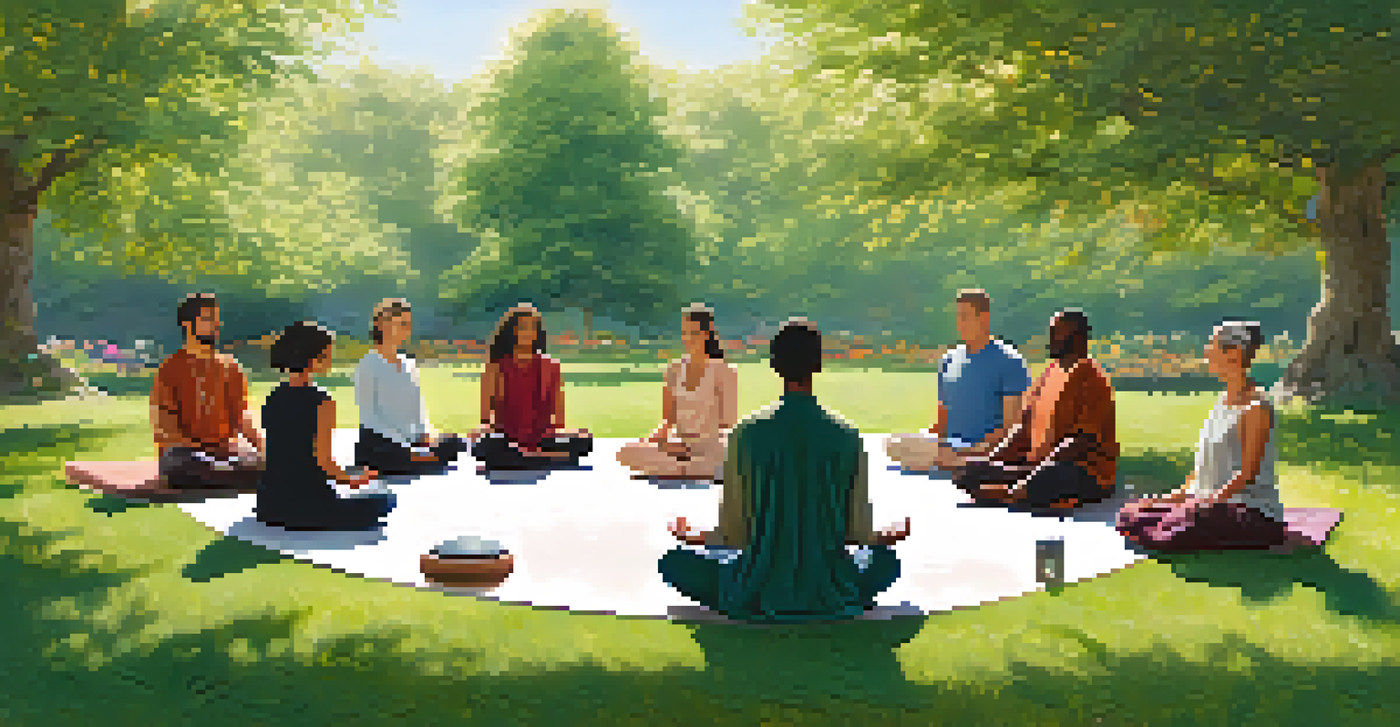 A group of people participating in a guided meditation outdoors, sitting in a circle with a meditation guide in the middle.