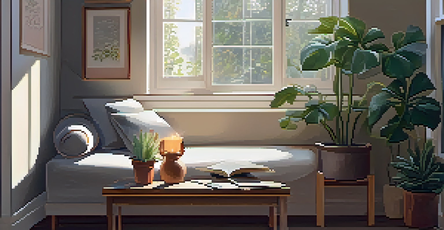 A cozy indoor meditation corner with cushions, candles, and a journal, bathed in natural light.