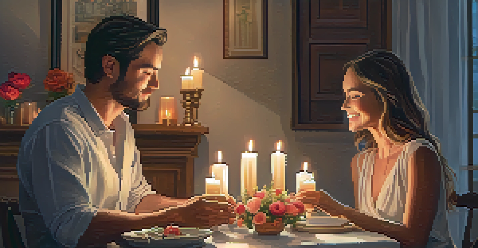 A couple sharing a gratitude ritual at a dining table with candles and flowers, creating a warm and cozy atmosphere.