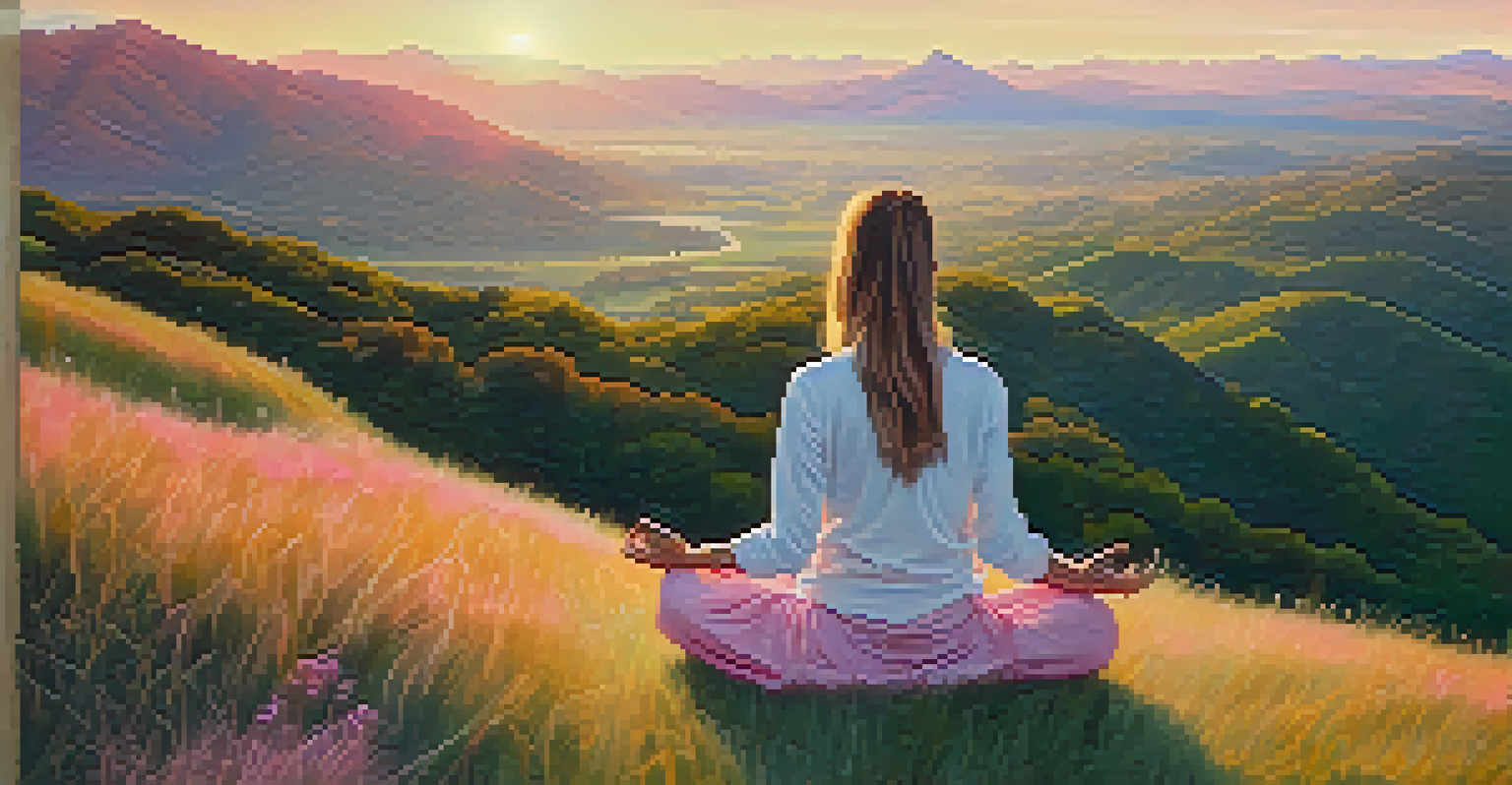 A person meditating on a grassy hilltop at sunrise, surrounded by nature, with warm colors in the sky, representing peace and spirituality.
