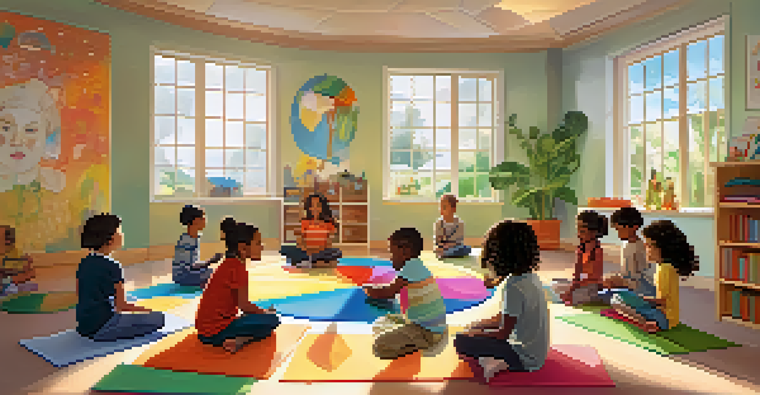 Children practicing mindfulness in a classroom, sitting in a circle on mats with eyes closed.