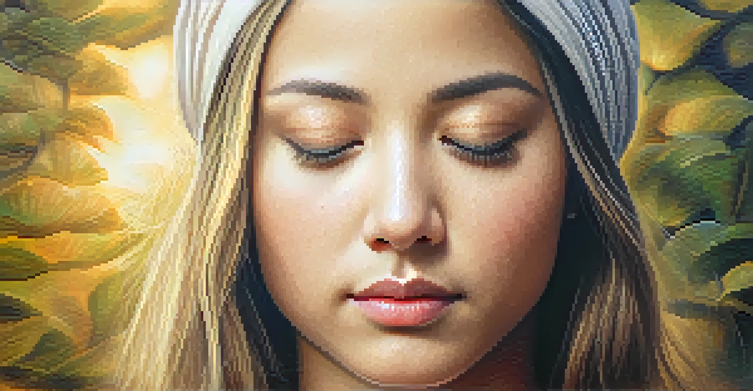A close-up of a meditating person's serene face with closed eyes and a slight smile.