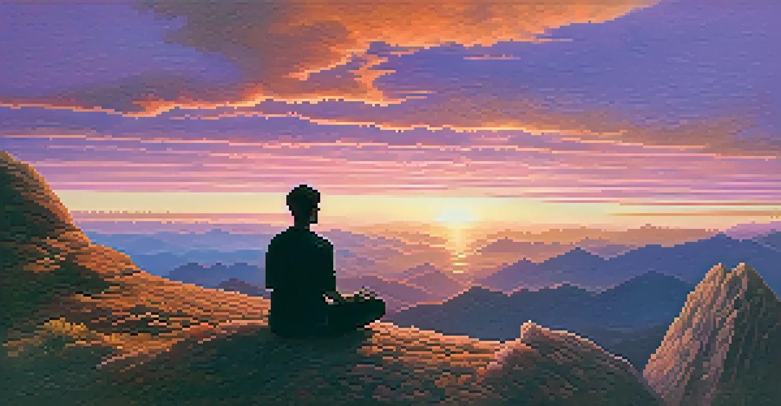 A person meditating on a mountaintop at sunset, with a colorful sky and a vast landscape below.