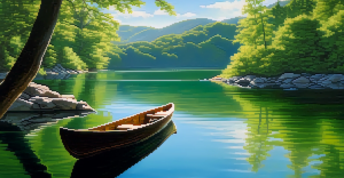 A peaceful lakeside scene with mountains in the background, sunlight filtering through trees, and a person meditating in a boat.