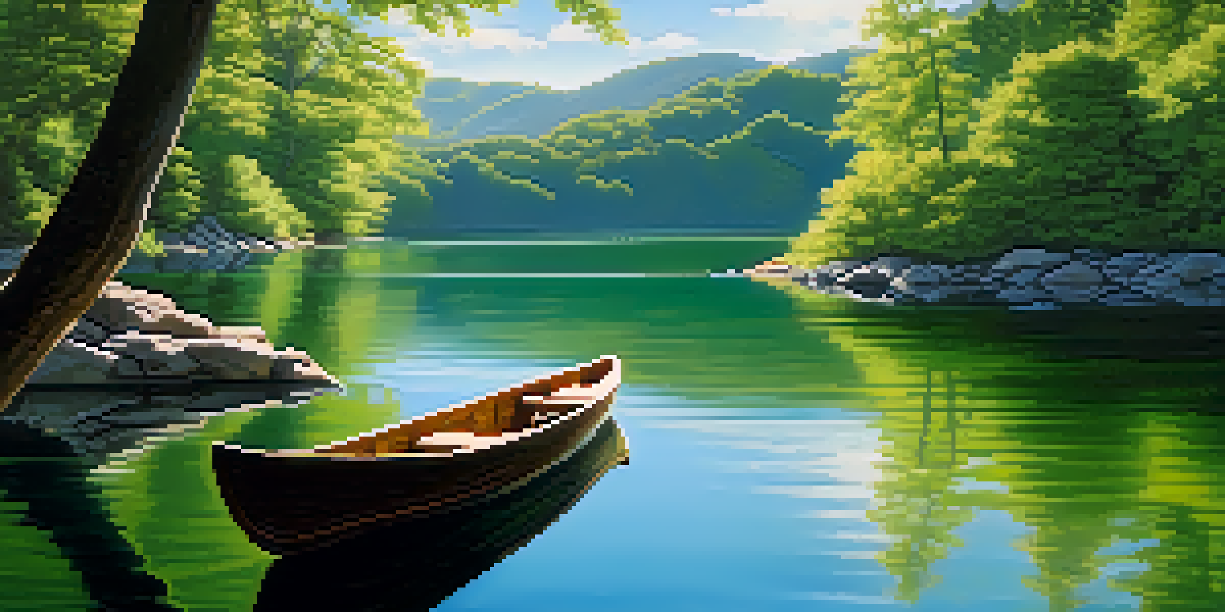 A peaceful lakeside scene with mountains in the background, sunlight filtering through trees, and a person meditating in a boat.