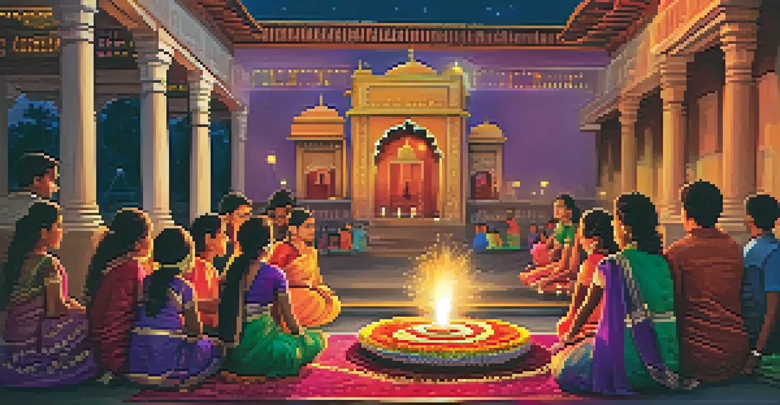 A lively Diwali celebration with decorated homes, colorful rangoli, and people lighting oil lamps during a festive night.