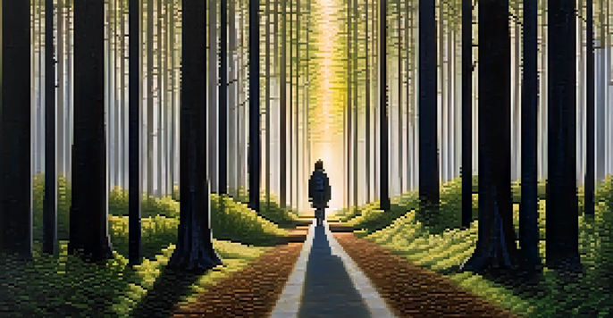 A person at a forest crossroads, one path bright with sunlight and the other dark, holding a compass, representing choices and intuition.