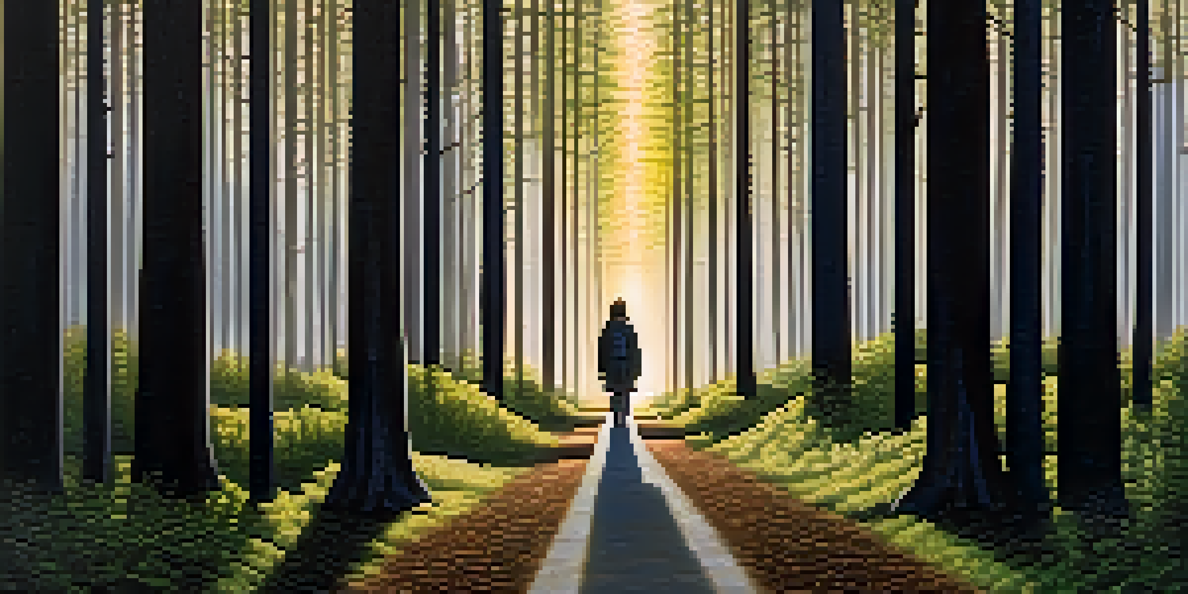 A person at a forest crossroads, one path bright with sunlight and the other dark, holding a compass, representing choices and intuition.