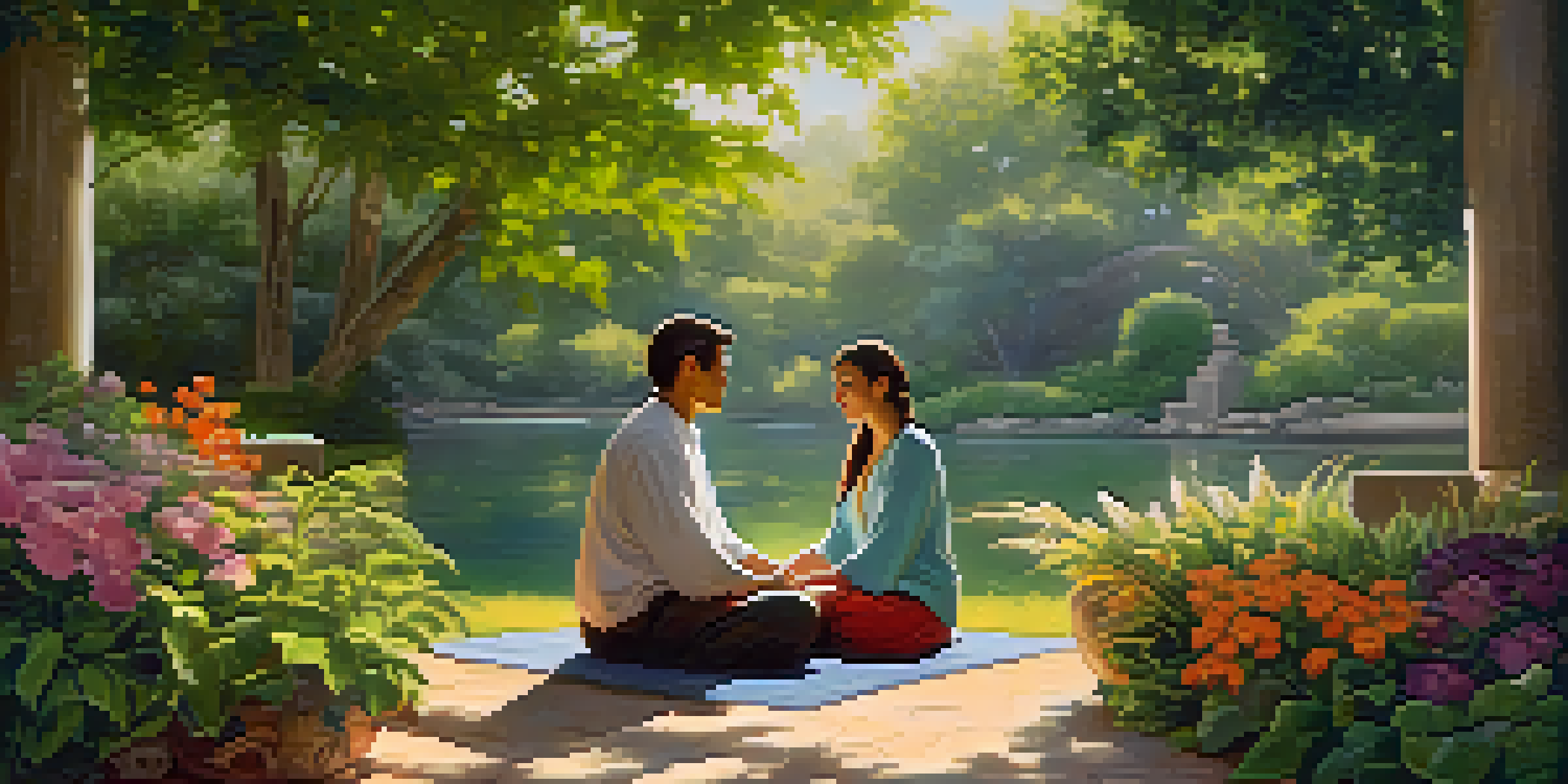 A couple meditating together in a peaceful garden, surrounded by greenery and flowers, with sunlight filtering through the leaves.