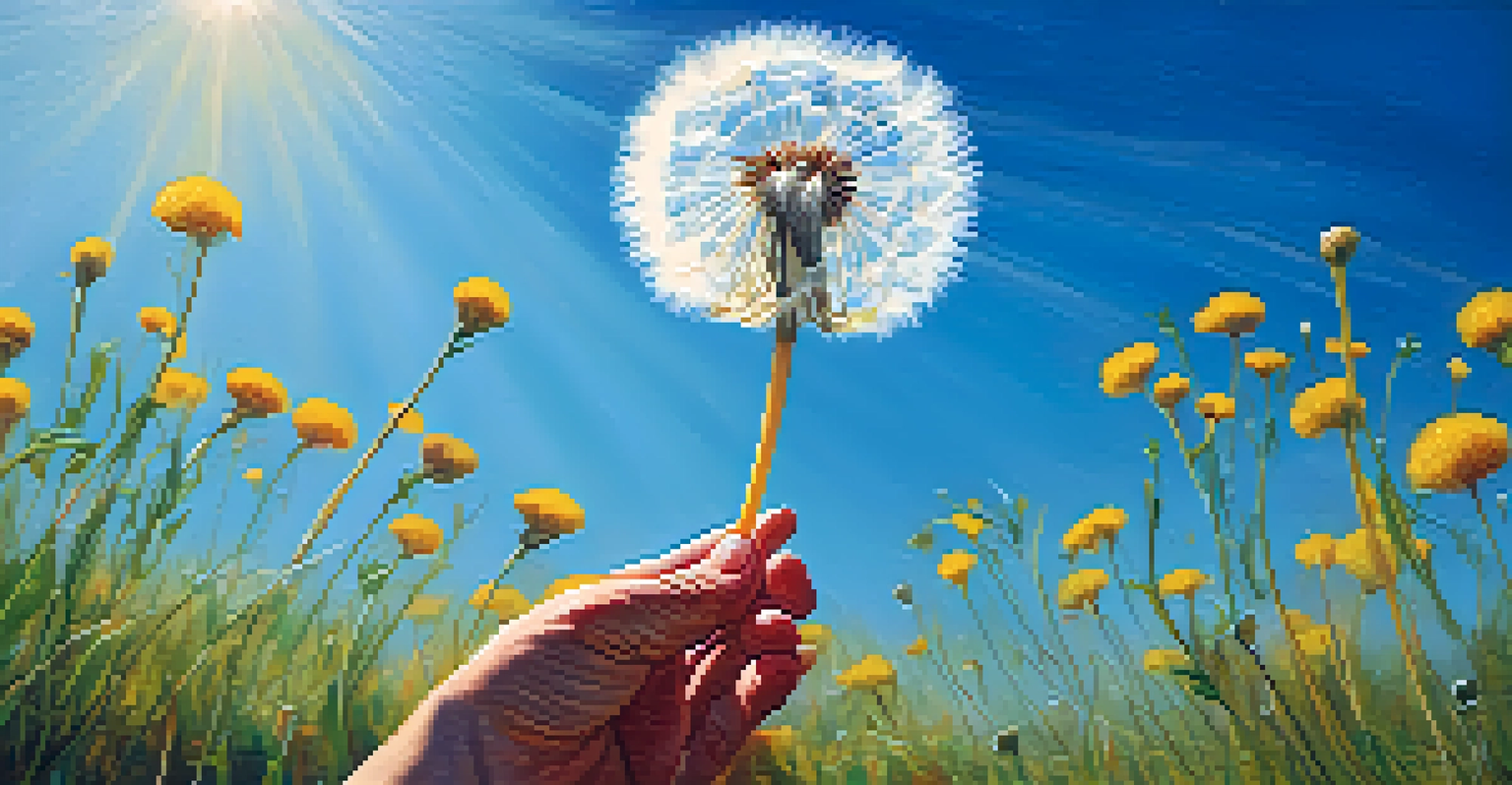A hand releasing a dandelion puff into a vibrant meadow, symbolizing forgiveness.