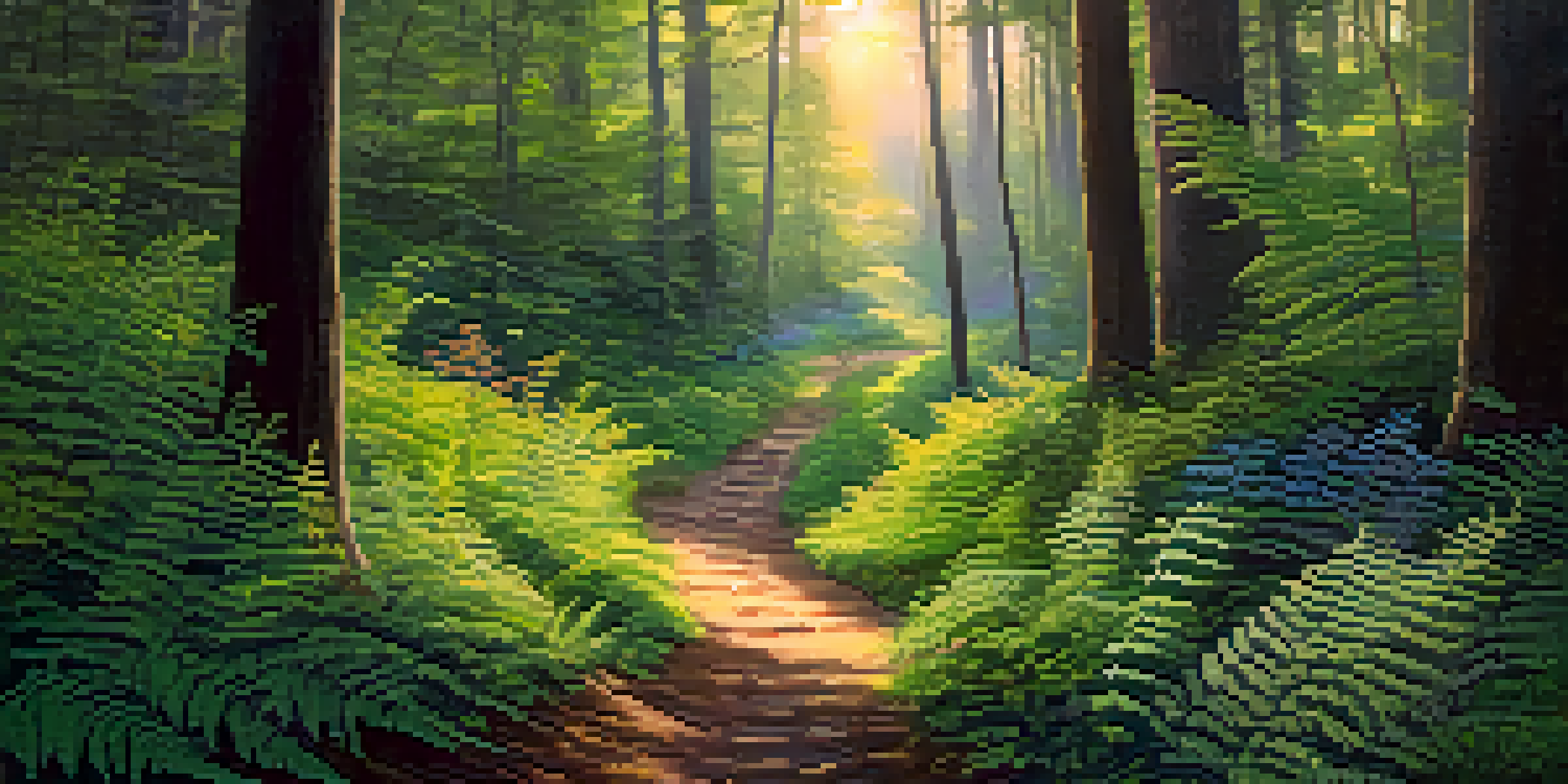A peaceful forest at dawn with sunlight filtering through trees, a person meditating on a winding path surrounded by ferns and wildflowers.