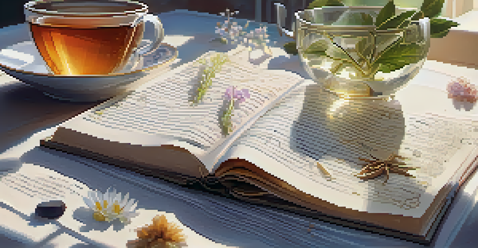 A close-up of a journal with handwritten notes, a cup of tea, and crystals, illuminated by morning light.