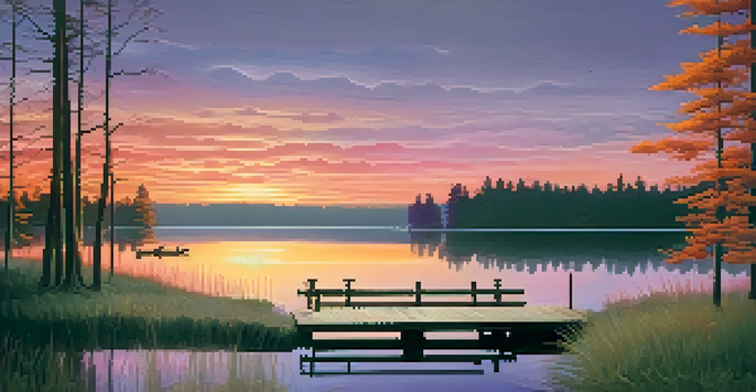 A beautiful sunset over a calm lake, with orange, pink, and purple colors reflected in the water, and silhouettes of trees and a wooden dock in the foreground.