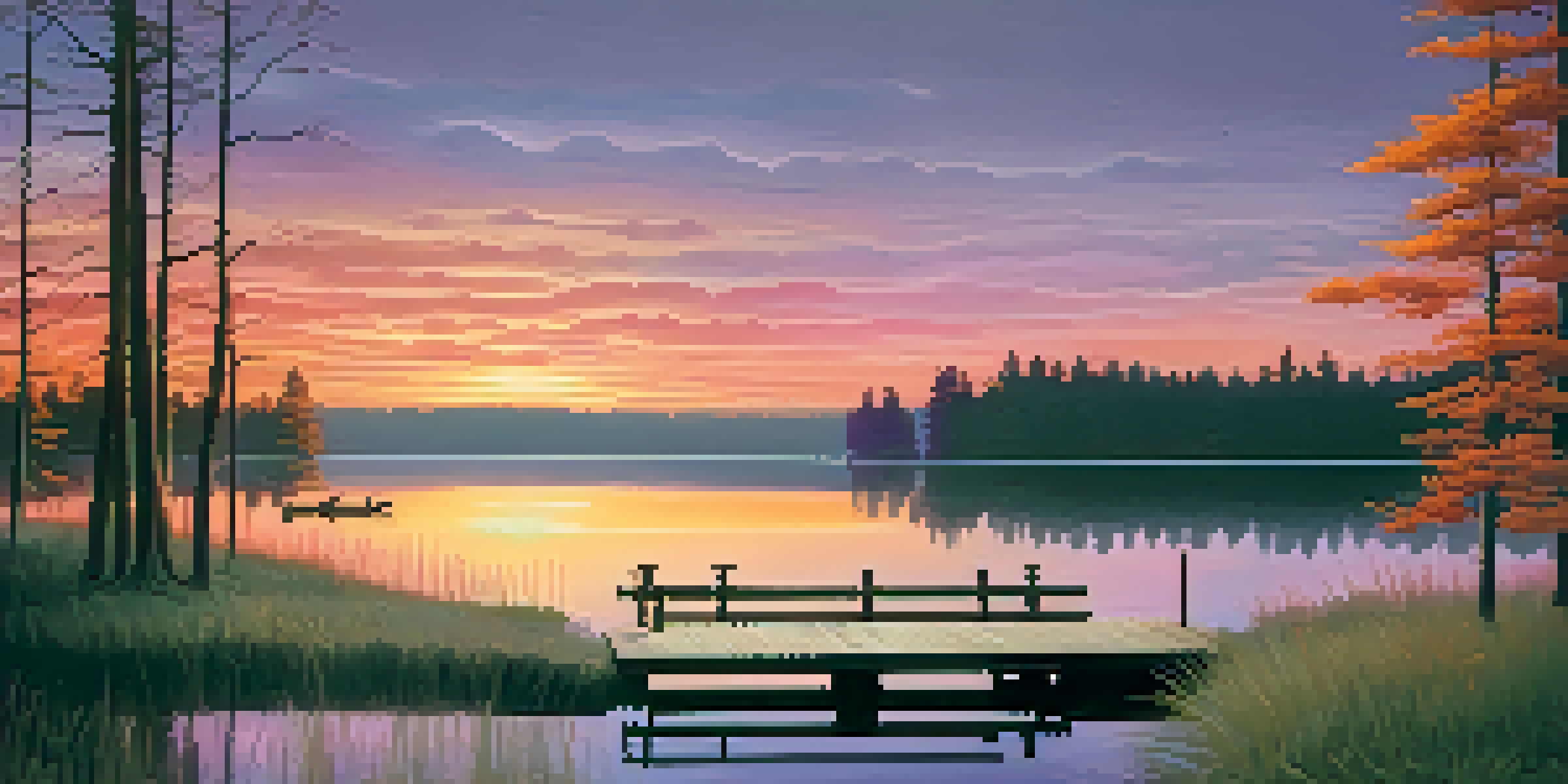 A beautiful sunset over a calm lake, with orange, pink, and purple colors reflected in the water, and silhouettes of trees and a wooden dock in the foreground.