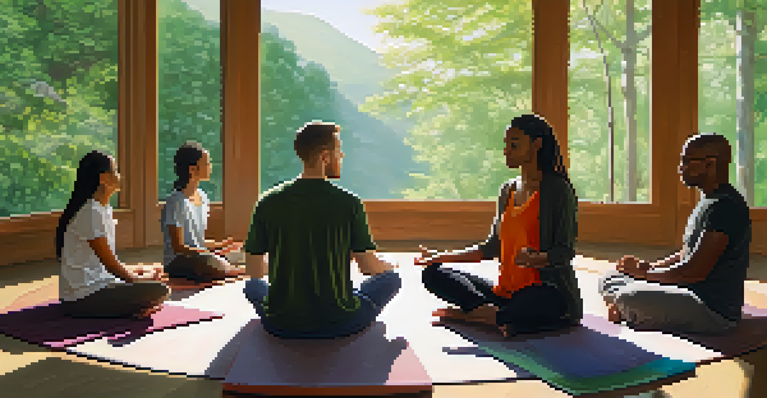 A diverse group of people engaged in a mindfulness workshop, practicing deep breathing in a sunlit room with a view of nature outside.
