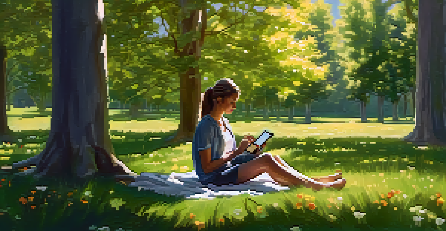 A person reading an e-book on a tablet in a tranquil outdoor setting with flowers and trees, bathed in soft sunlight.