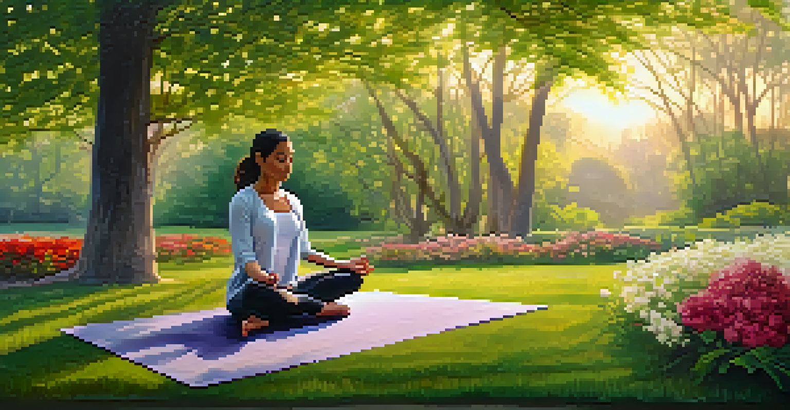 A person meditating in a green park at sunrise, surrounded by flowers, with warm light filtering through trees.