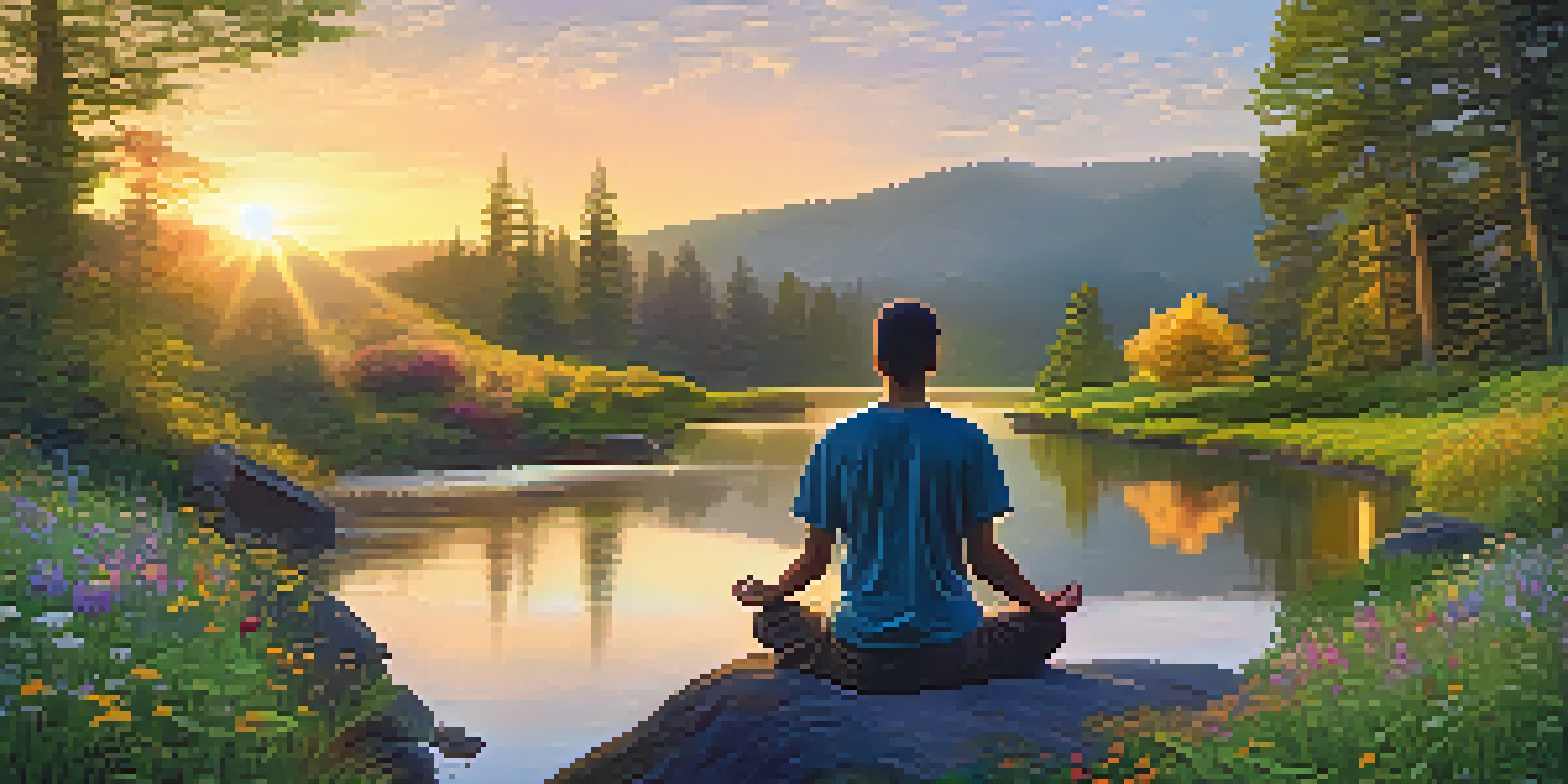 A peaceful river in a green valley with a person meditating on a rock, illuminated by the golden light of a sunset.