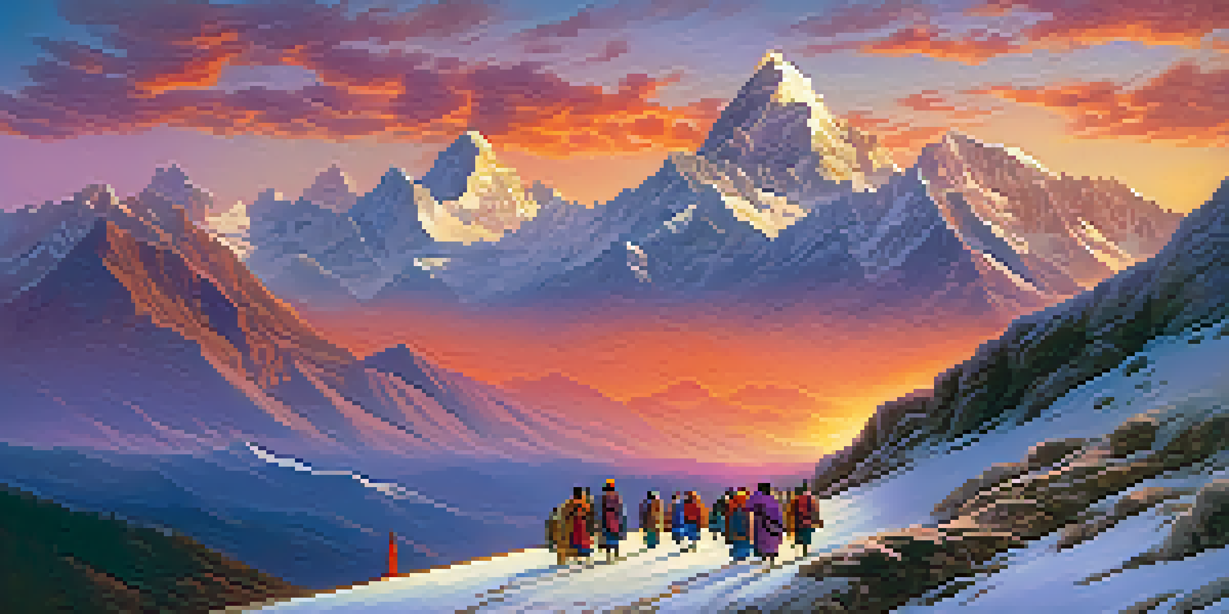 A breathtaking sunset casts colorful light over the snow-capped Himalayan mountains, with pilgrims climbing a rocky path in the foreground.