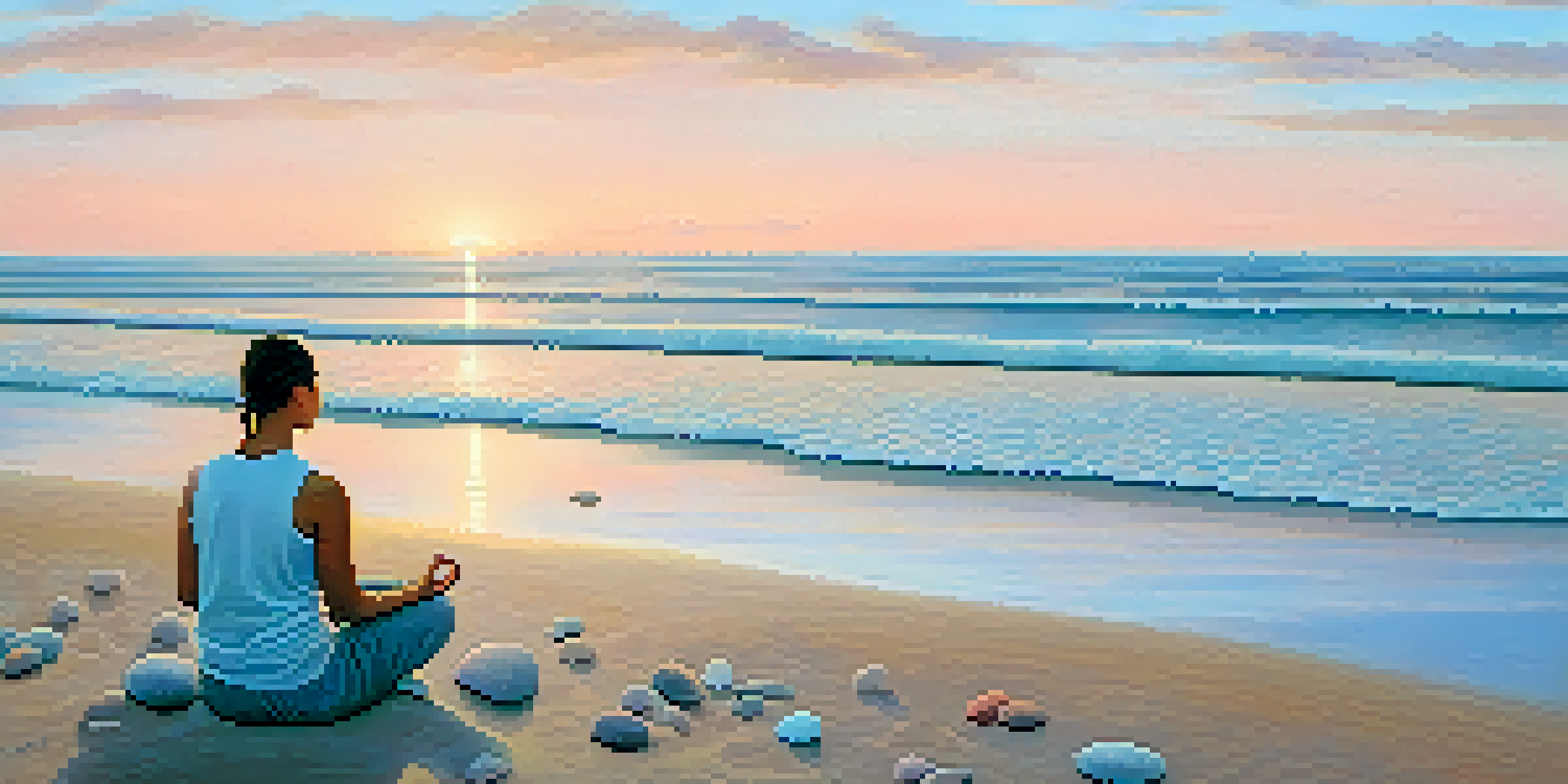 A person meditating on a sandy beach at sunrise, surrounded by stones and seashells.