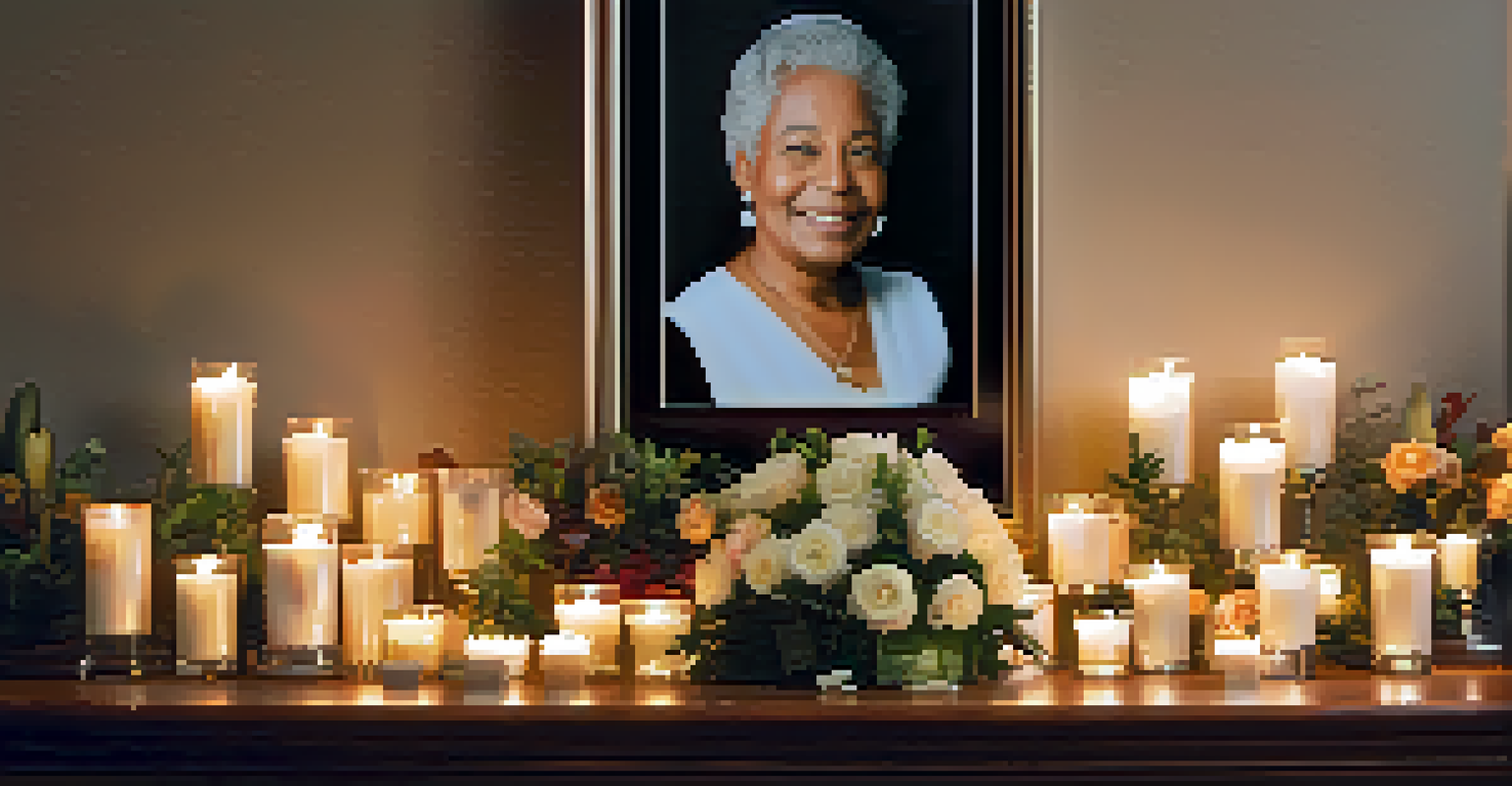 A candle-lit memorial altar with flowers and photographs, creating a warm and peaceful atmosphere.