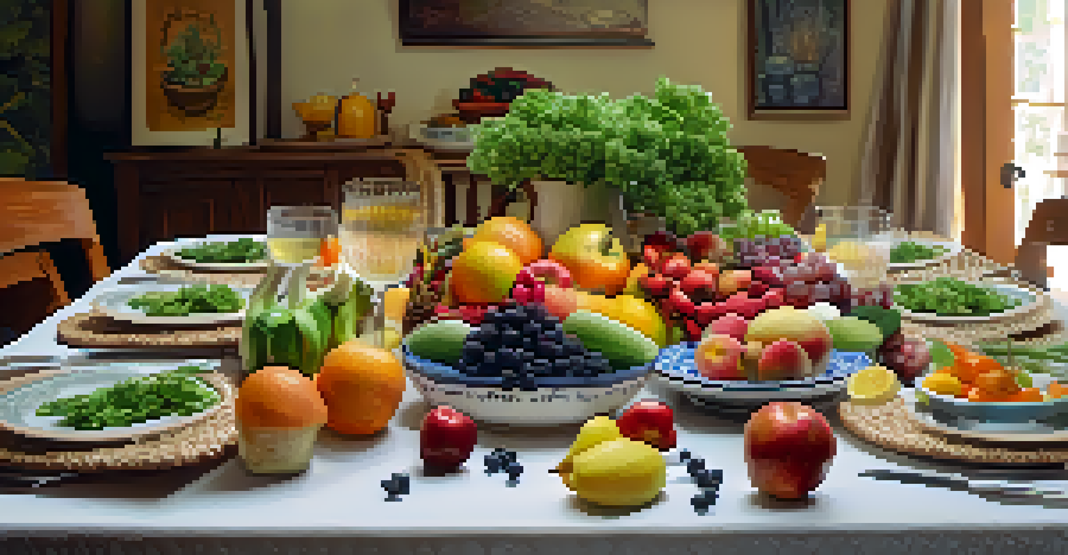 A dining table with fresh fruits and vegetables, and a plate held in hands, under warm lighting.
