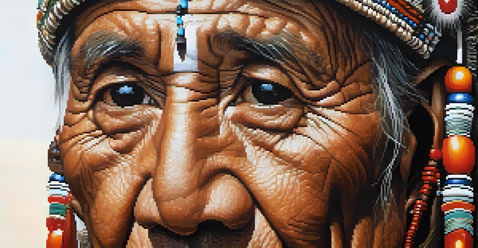 A close-up portrait of an Indigenous elder with traditional jewelry, reflecting wisdom and connection to nature, set against a natural backdrop.