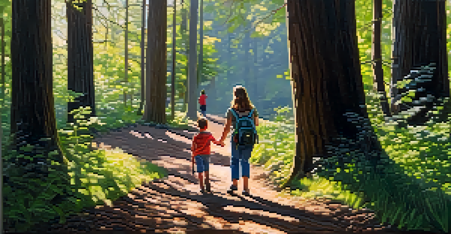 A parent and child hiking in a forest, with sunlight filtering through the trees and a moment of discovery as they observe nature.