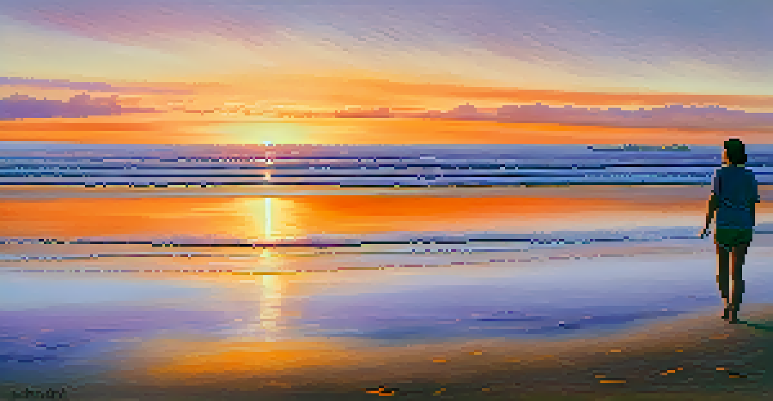 A person walking mindfully on a beach at sunset, with colorful skies and gentle waves.