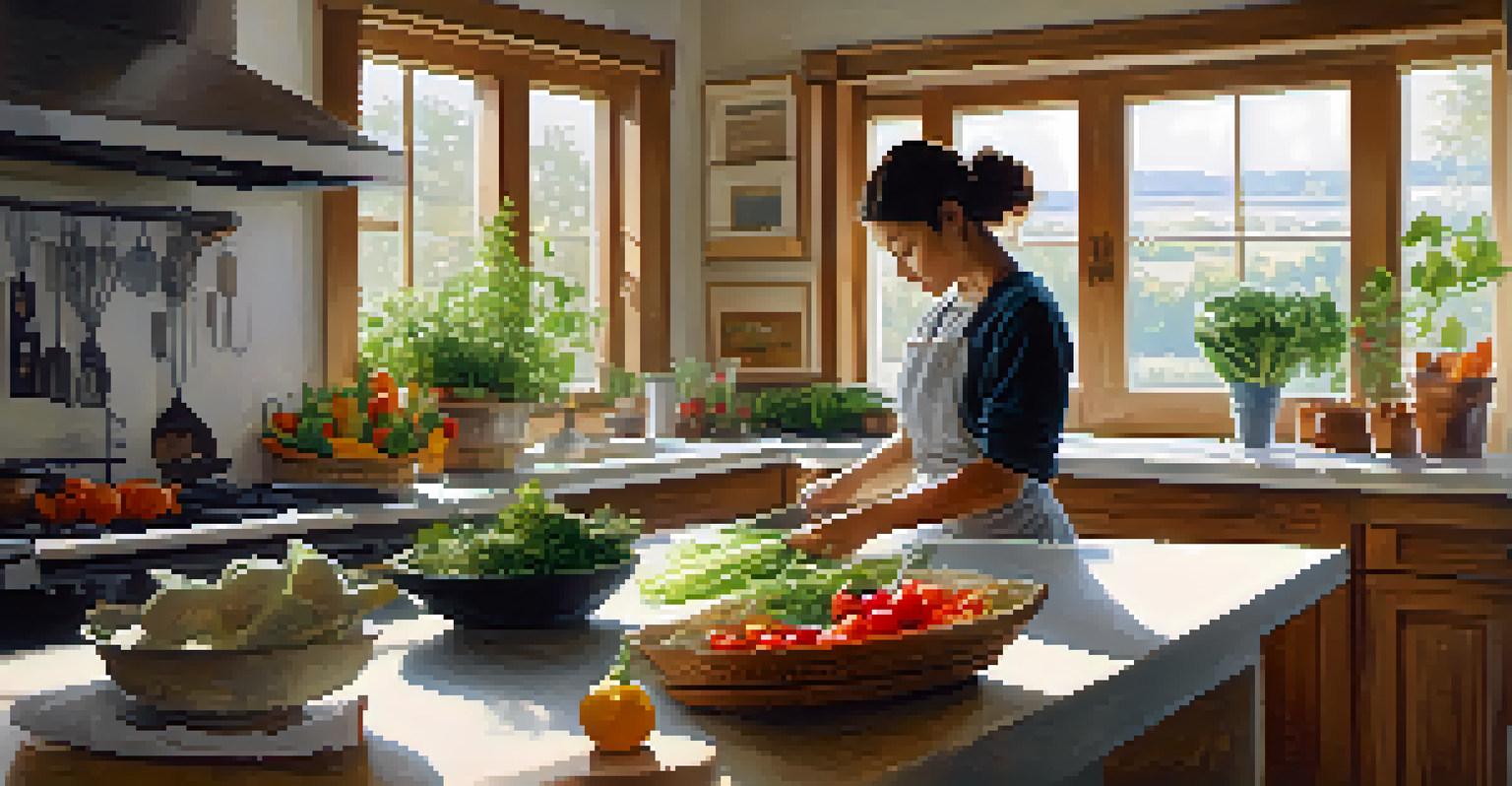 A person preparing a meal in a sunny kitchen, surrounded by fresh vegetables, showcasing mindfulness in daily activities.