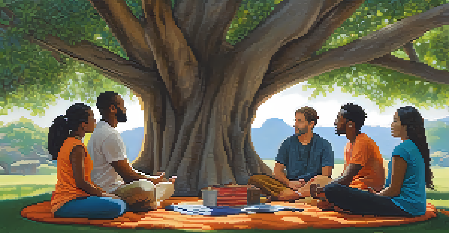 A diverse group of people meditating and sharing stories under a large tree, surrounded by colorful cushions.