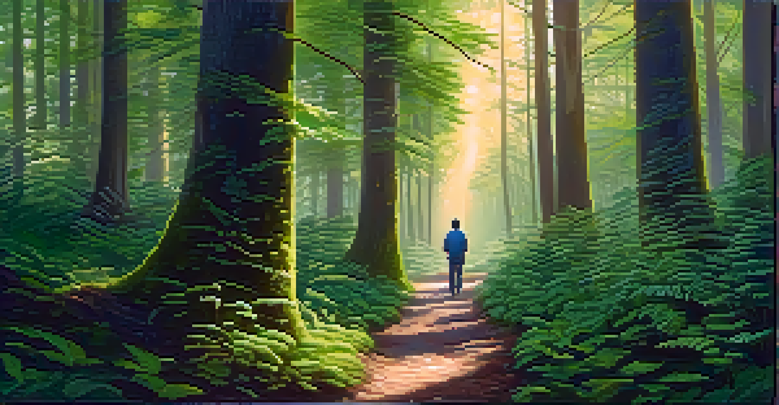 A person walking on a forest path, surrounded by tall trees and dappled sunlight.