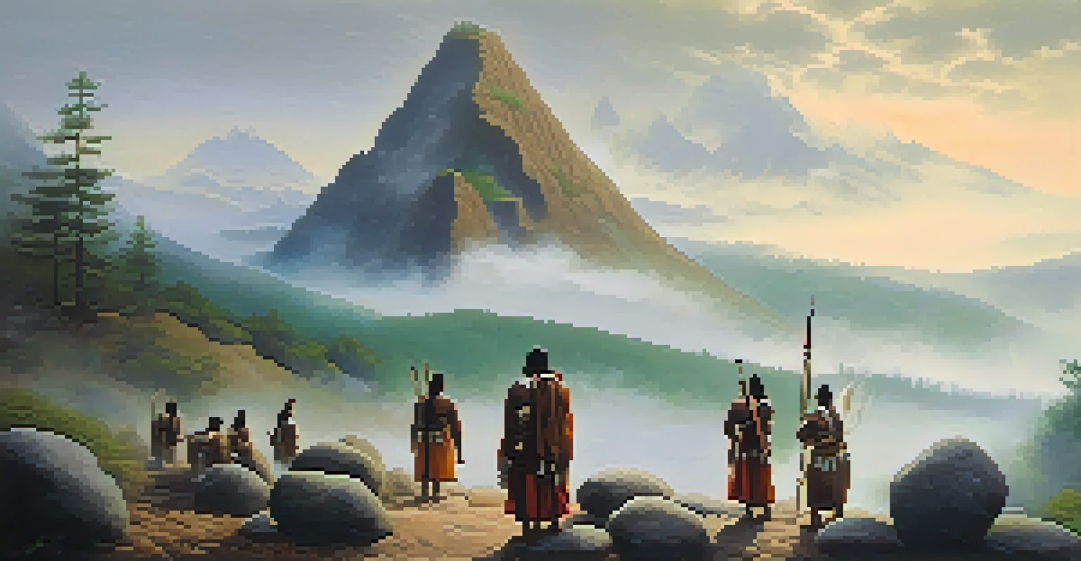 A sacred mountain with Indigenous symbols and a misty atmosphere, featuring a group of Indigenous individuals in traditional dress.