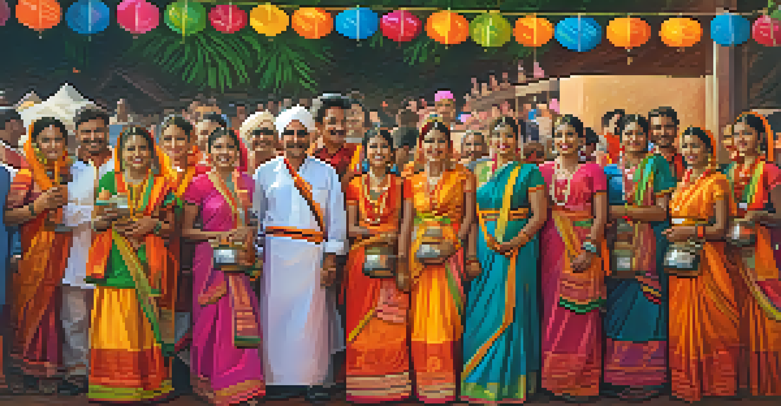 A family celebrating a cultural festival, engaging in rituals and wearing traditional attire in a colorful setting.