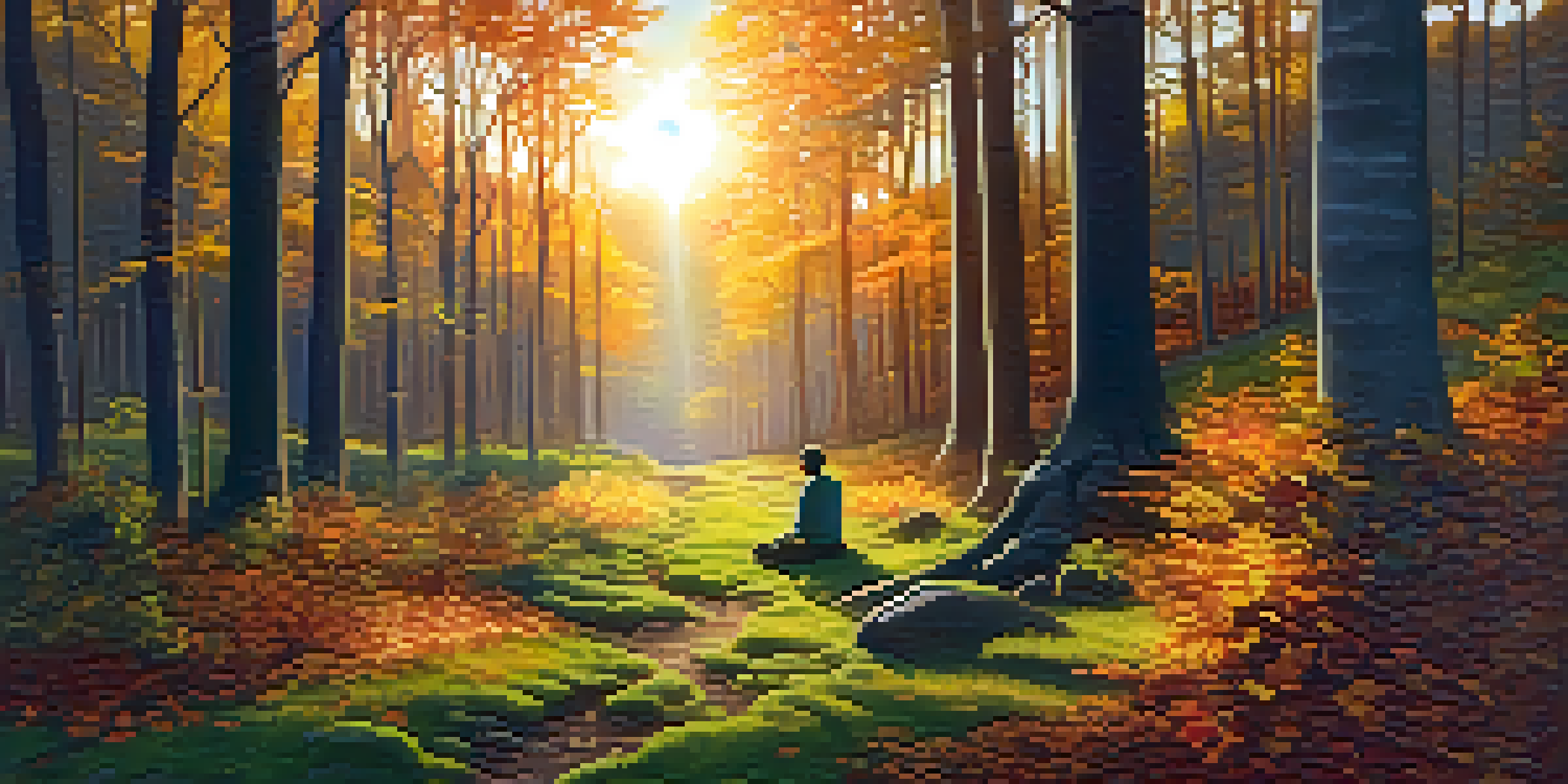 A peaceful forest at sunset with a person meditating on a grassy patch surrounded by autumn leaves.