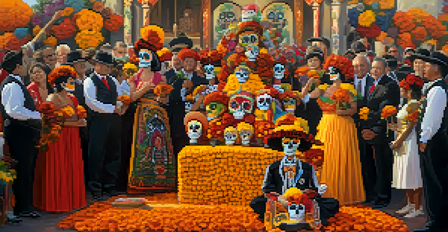 A lively Day of the Dead celebration with a decorated altar, marigolds, and people in colorful costumes honoring their ancestors.