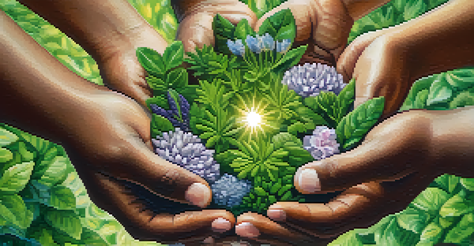 A circle of diverse hands holding small plants, symbolizing community support and growth, with a garden in the background.