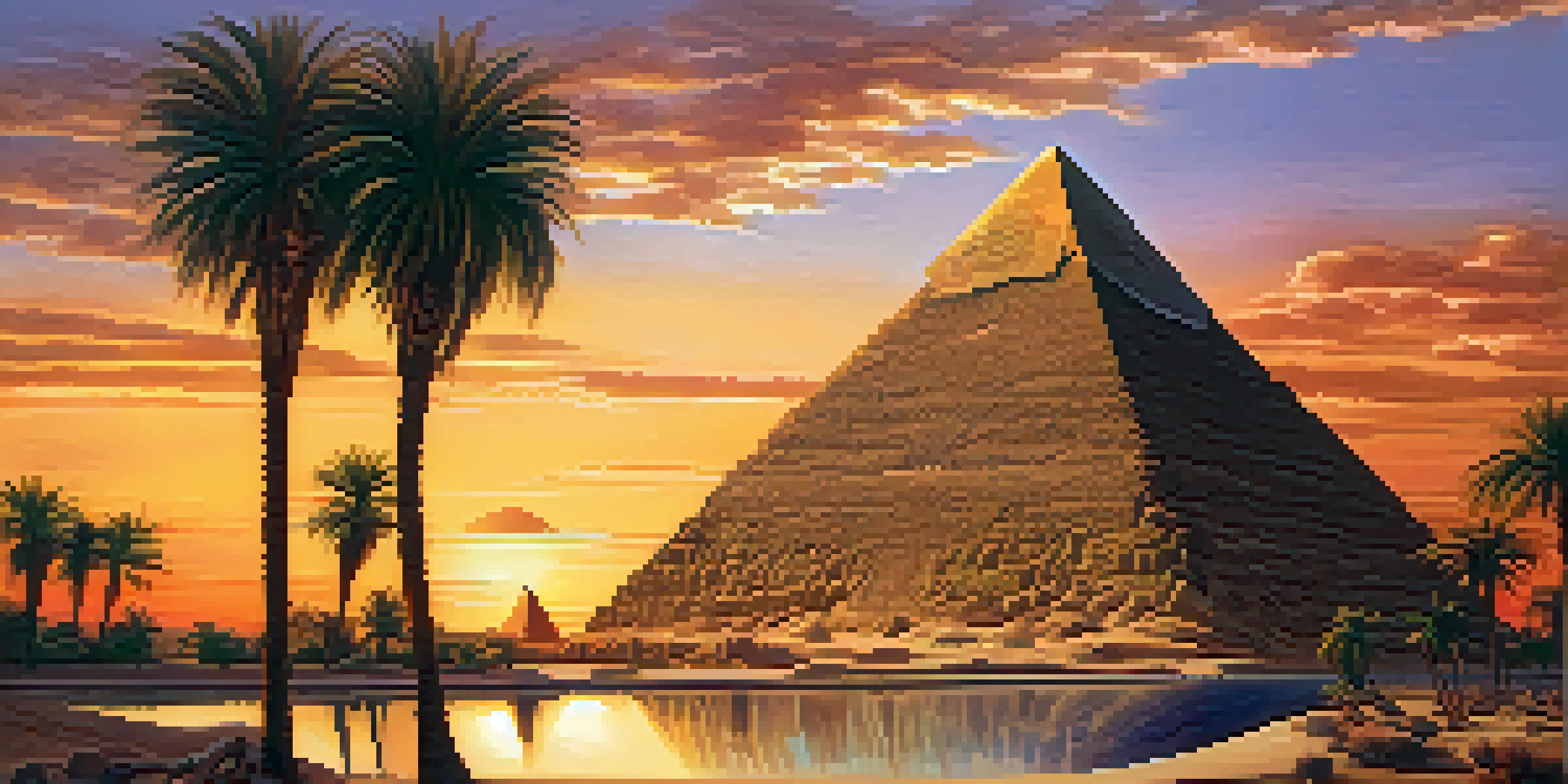 A picturesque view of an Egyptian pyramid at sunset, surrounded by a desert landscape and a reflective pool of water.